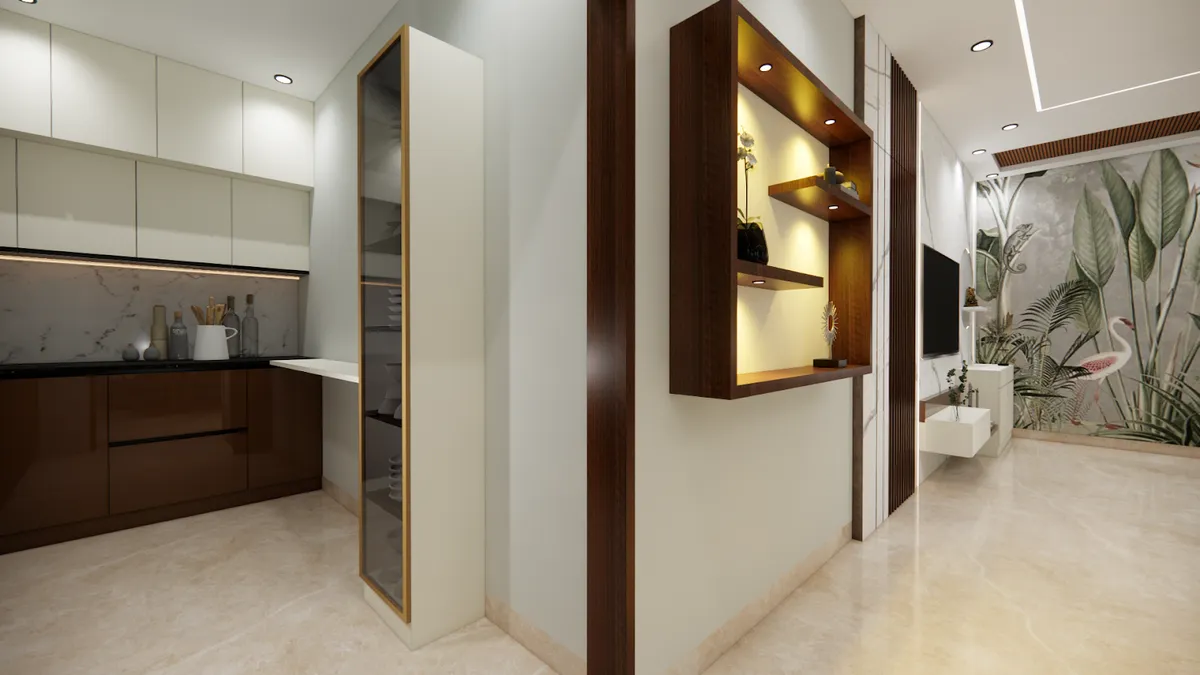 Render of an open-plan flat where a glossy brown-and-cream modular kitchen sits behind a walnut-framed backlit display niche