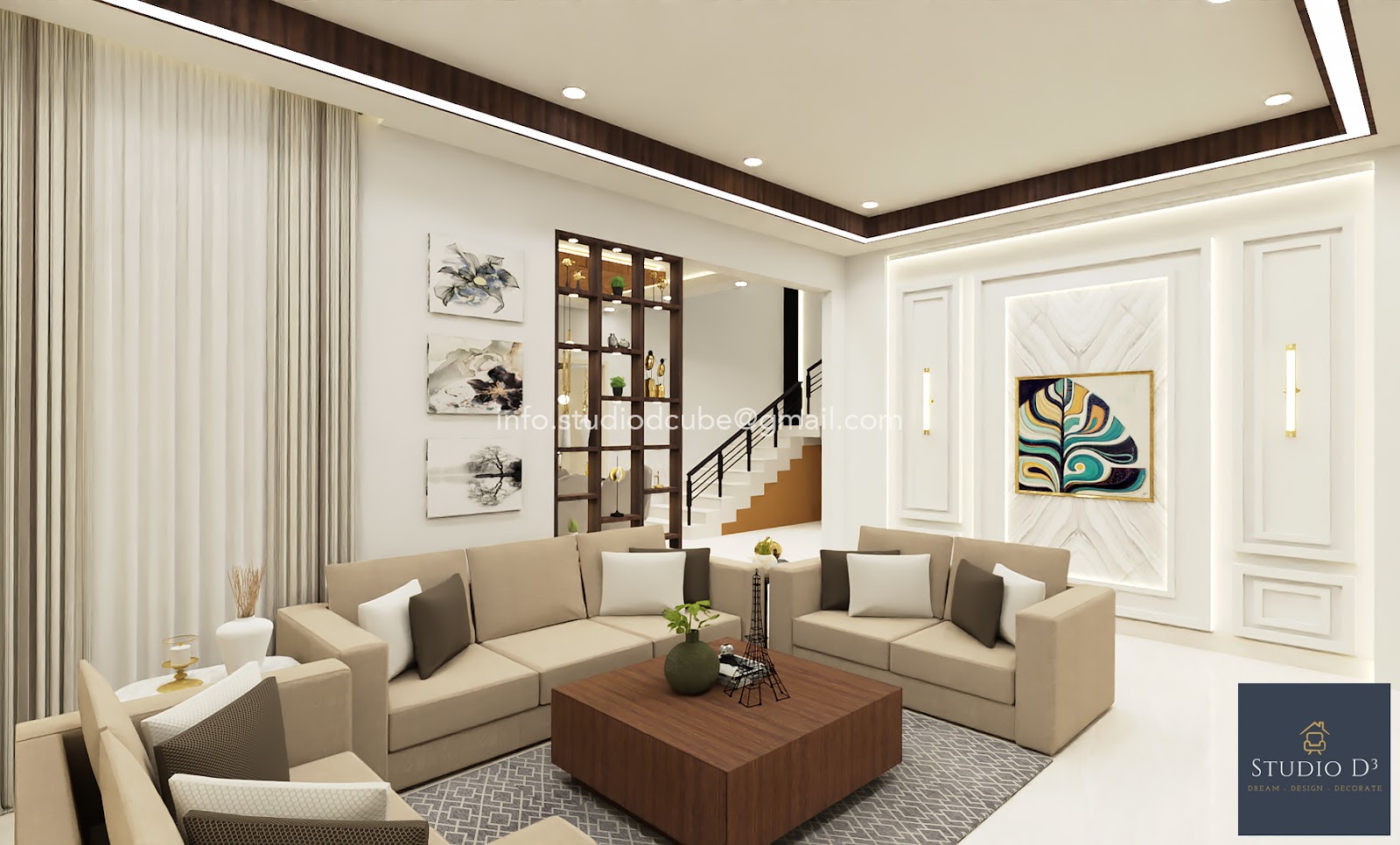 Render of a living room with a beige L-shaped and loveseat sofa set around a wood coffee table, a moulded feature wall with framed art