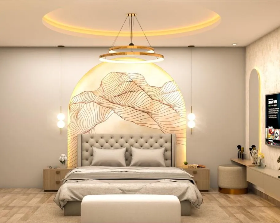 Render of a bedroom where a backlit arch carries a copper line-art leaf mural behind a beige buttoned headboard