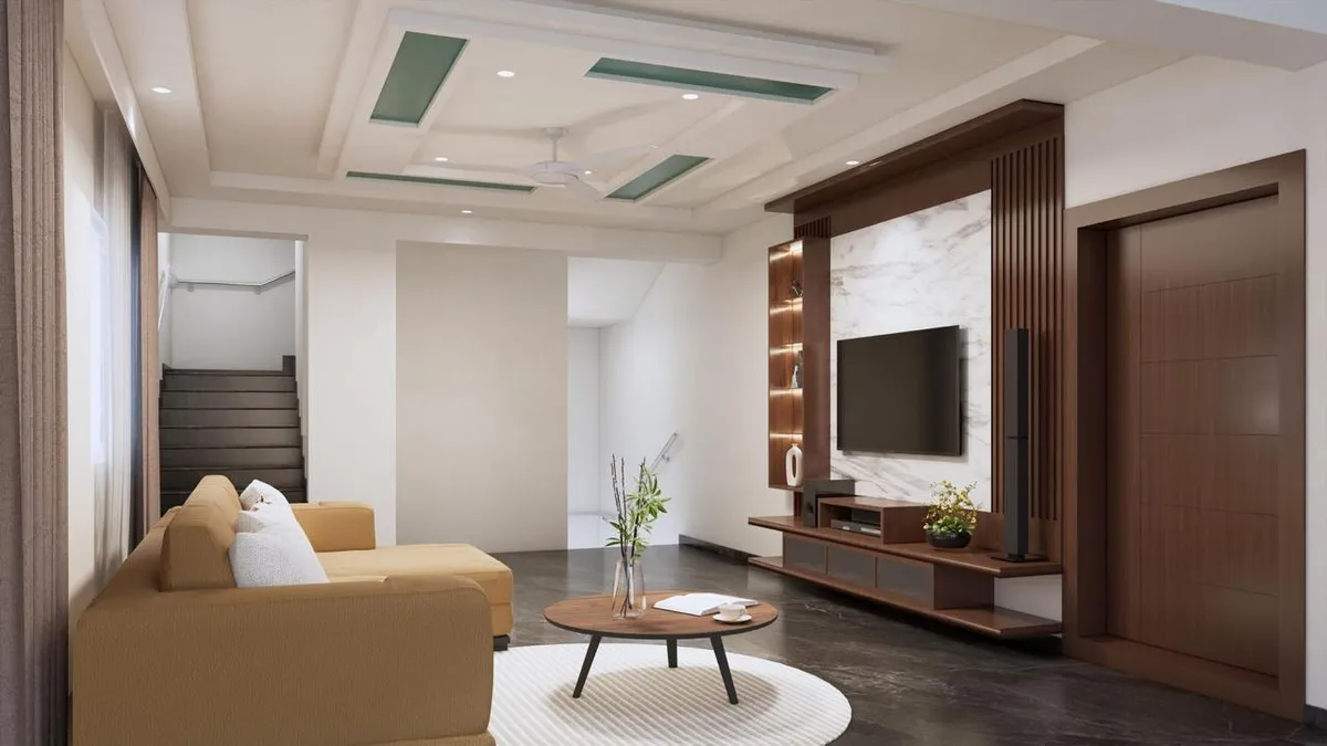 Render of a living room where a mustard fabric sofa on a round white rug faces a teak TV console set against a white marble panel between fluted wood columns