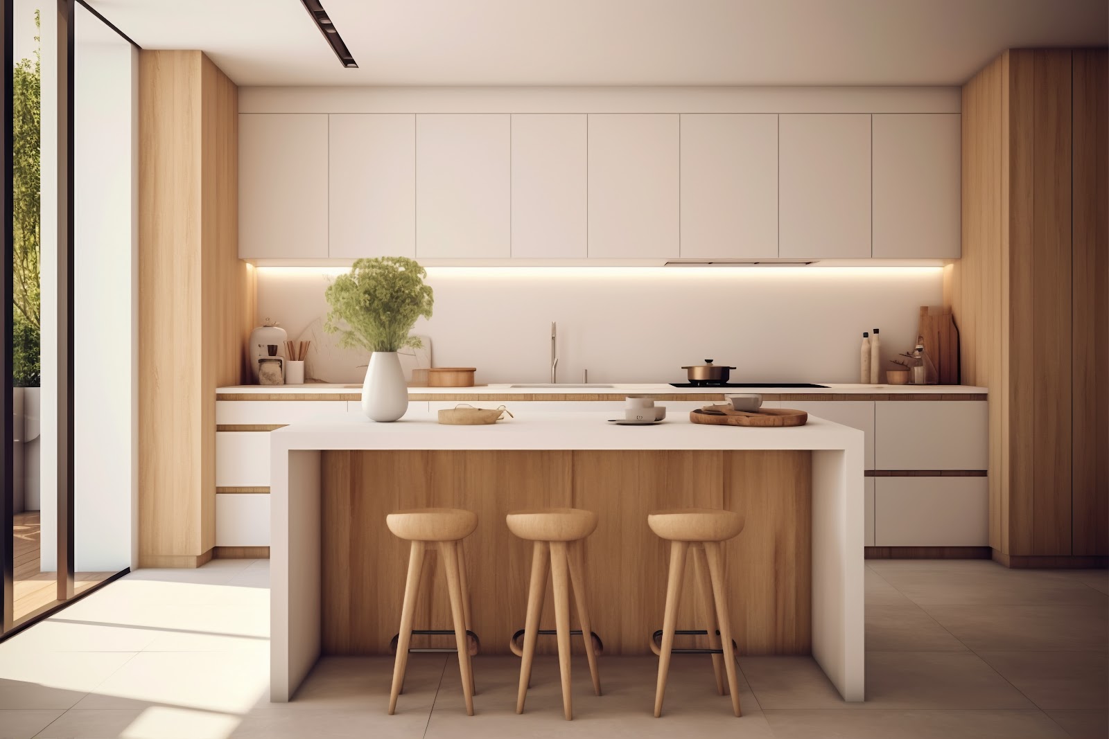Render of a light-oak island kitchen with handleless white flat-panel cabinetry and three turned-wood counter stools.