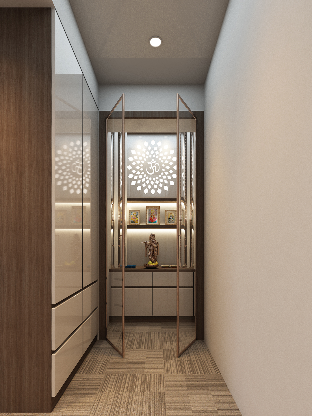 Render of a dedicated pooja room with a backlit Om-motif jaali panel, glass-fronted doors, framed deity pictures