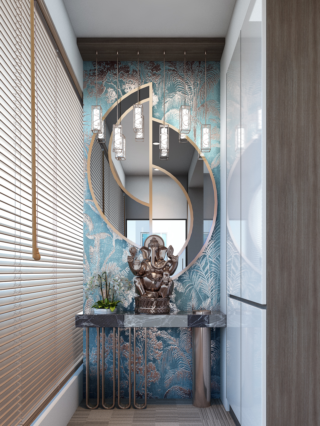 Render of an entrance foyer with a teal palm-print wallpaper wall, an interlocking gold-ring mirror, a cluster of cylinder pendant lights