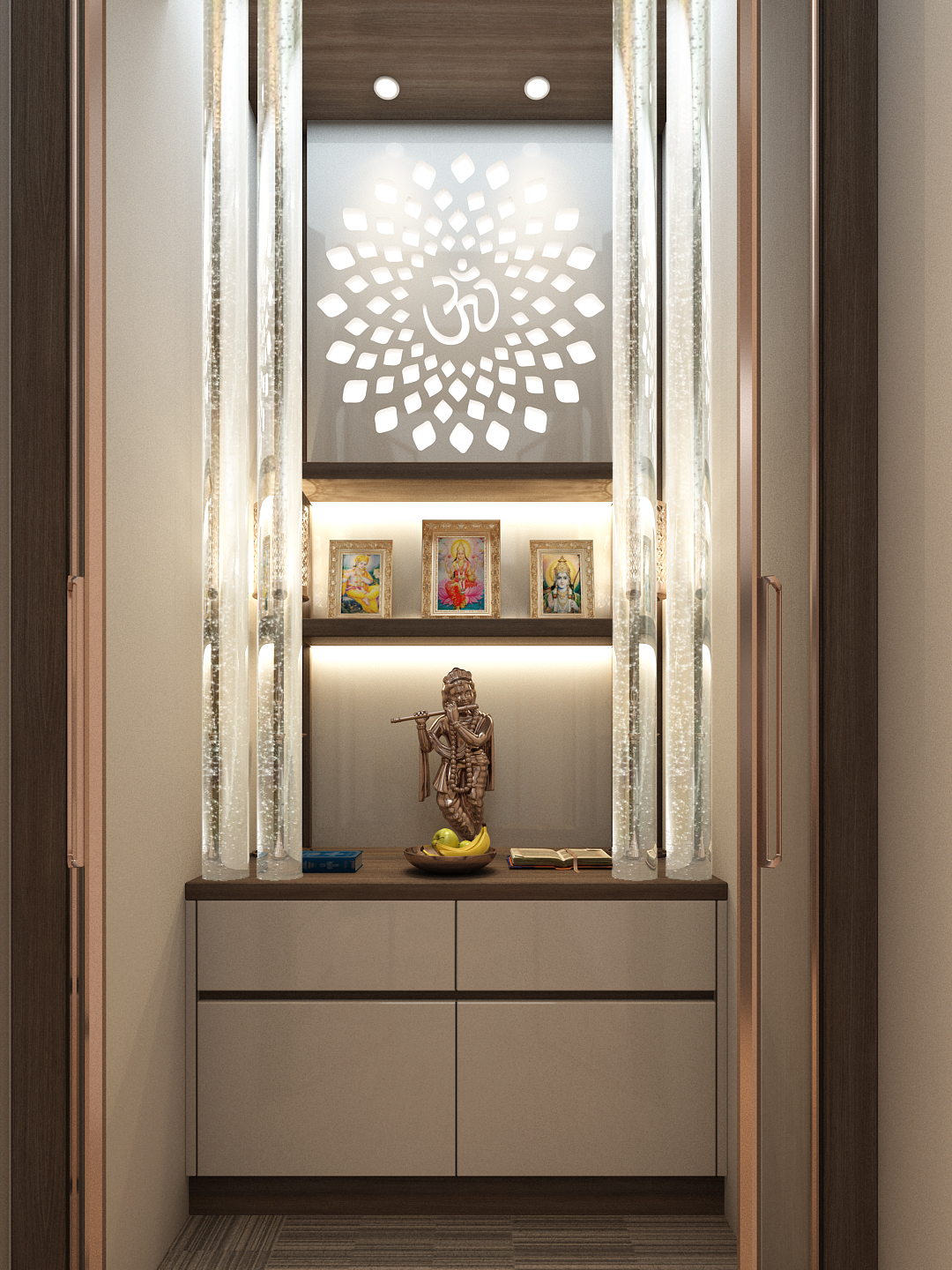 Render of a pooja unit with a backlit Om lotus-motif glass panel, twin bubble-tube pillar lights, a shelf of framed deity portraits, a brass Krishna statue