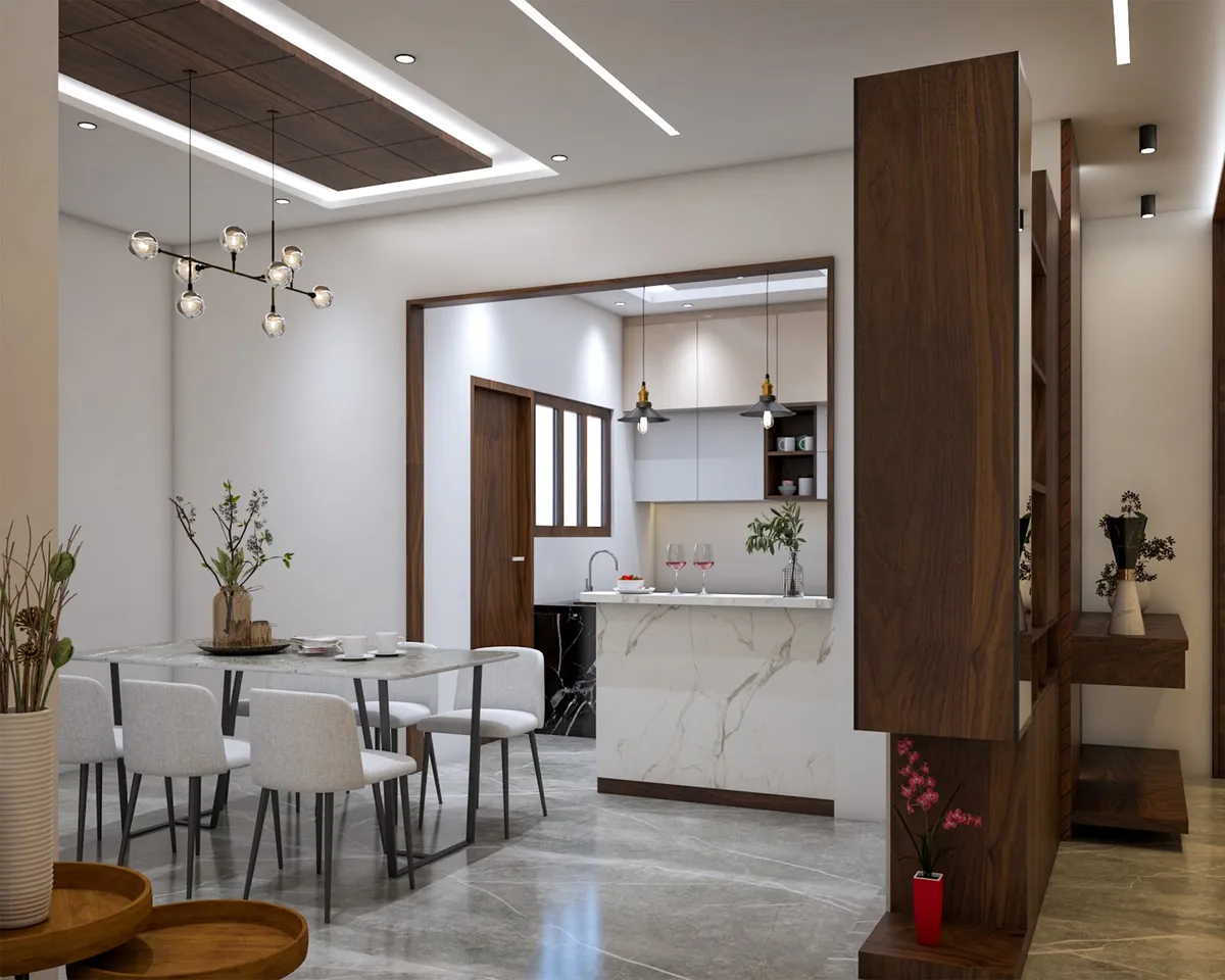 Render of a dining area under a walnut-clad cove-lit ceiling drop, with a six-seat marble-top table