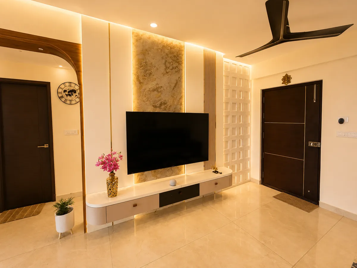 Living room TV wall with a backlit onyx marble panel and a perforated jaali block screen beside a dark wood main door