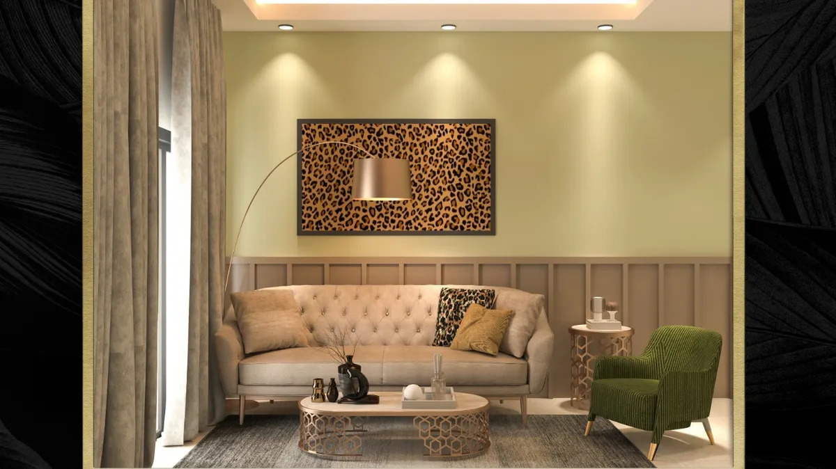 Render of a living room where a leopard-print framed panel hangs over a buttoned beige sofa