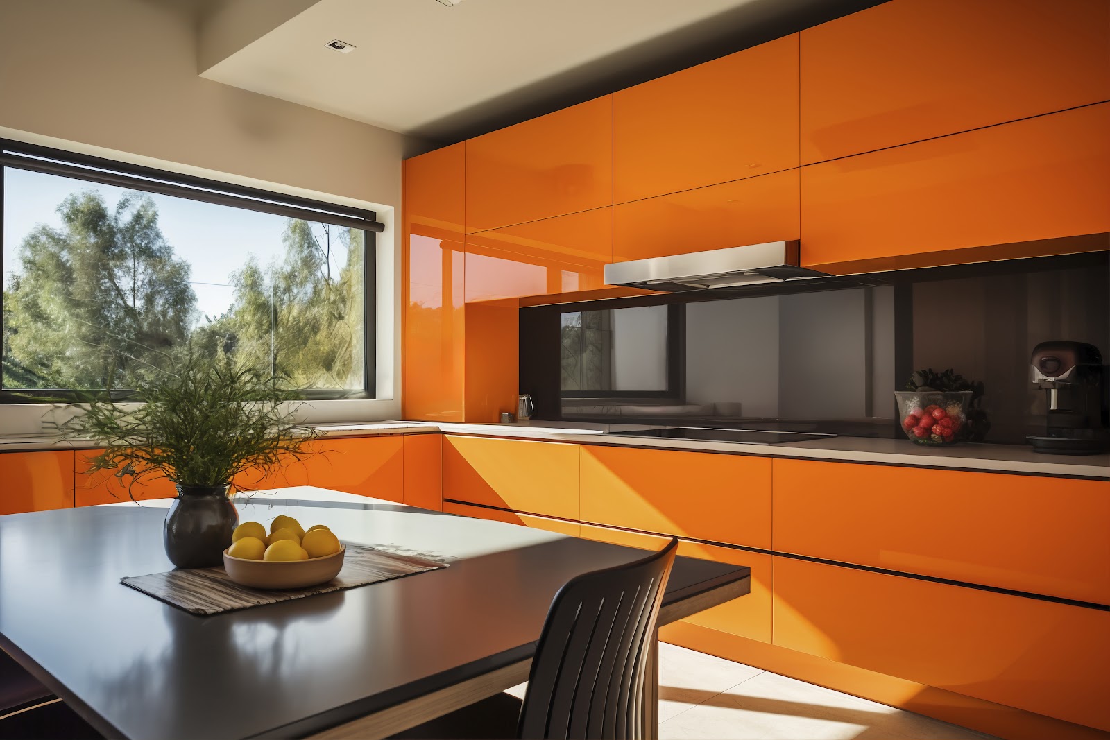 Render of a glossy orange handle-less kitchen with a black mirrored backsplash behind the cooktop, opening onto a black dining table set for two.