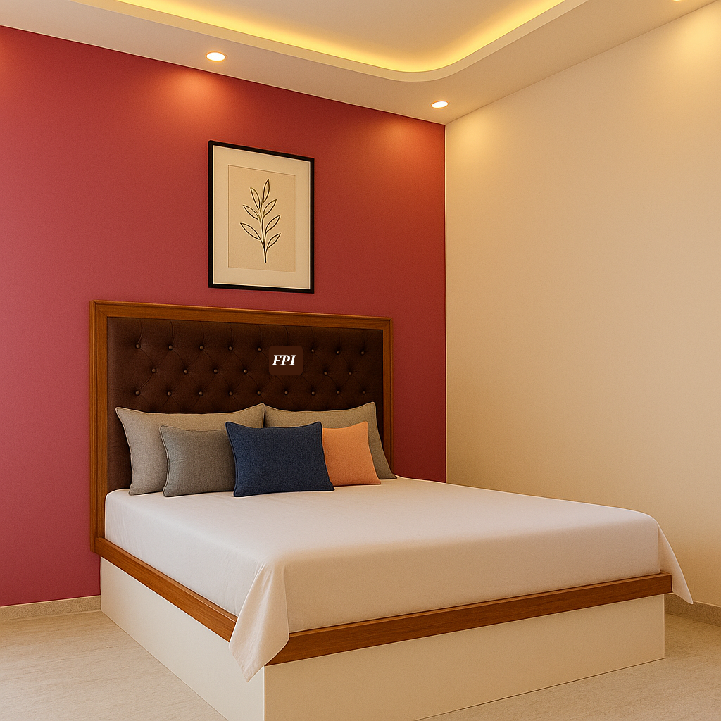 Render of a bedroom with a deep-red accent wall, cove-lit false ceiling, a brown button-tufted wooden bed with contrast cushions and a framed botanical print