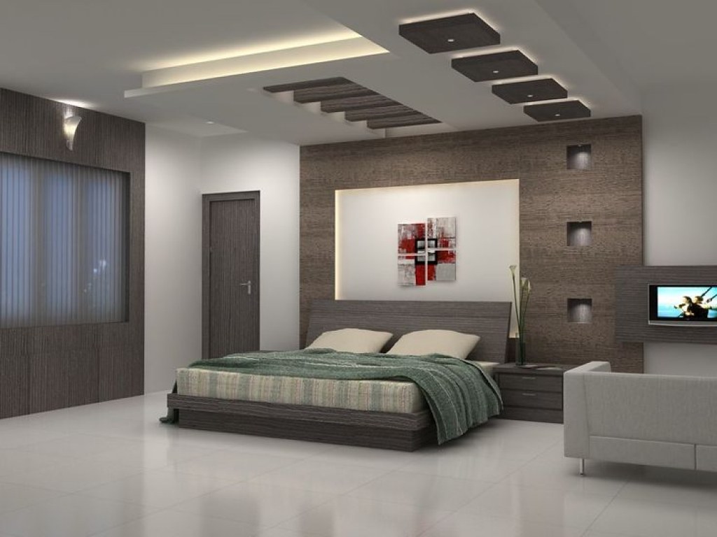 Render of a bedroom with a dark wood-clad accent wall with display niches and a floating box-panel cove-lit false ceiling.