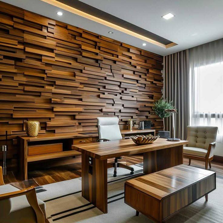 Home study with a sculptural stacked-wood-block feature wall, a solid-wood executive desk, white swivel office chair