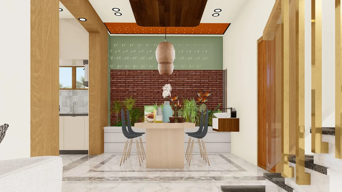 Render of a dining spot backed by an exposed red-brick wall with a planted trough at its base
