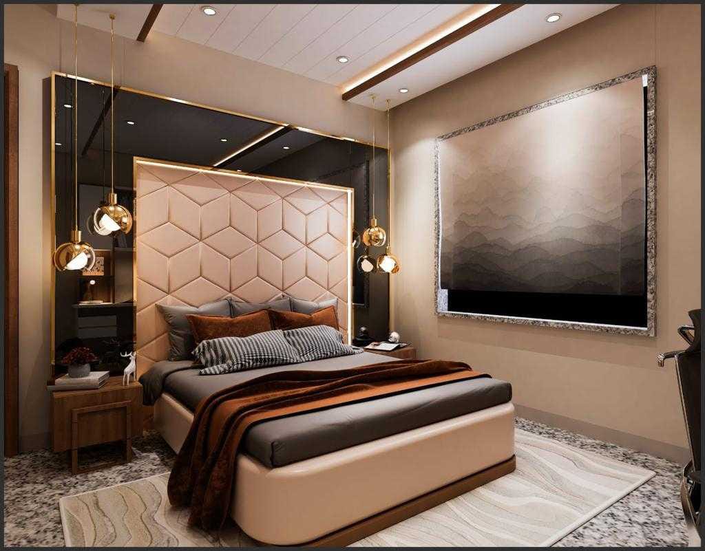 Render of a bedroom with a geometric quilted blush headboard framed in gold against a black mirrored wall, gold sphere pendant lights