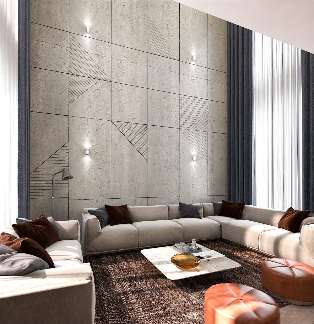 Render of a double-height living room with a textured concrete accent wall etched in geometric lines, a large grey sectional sofa, and a marble coffee table.