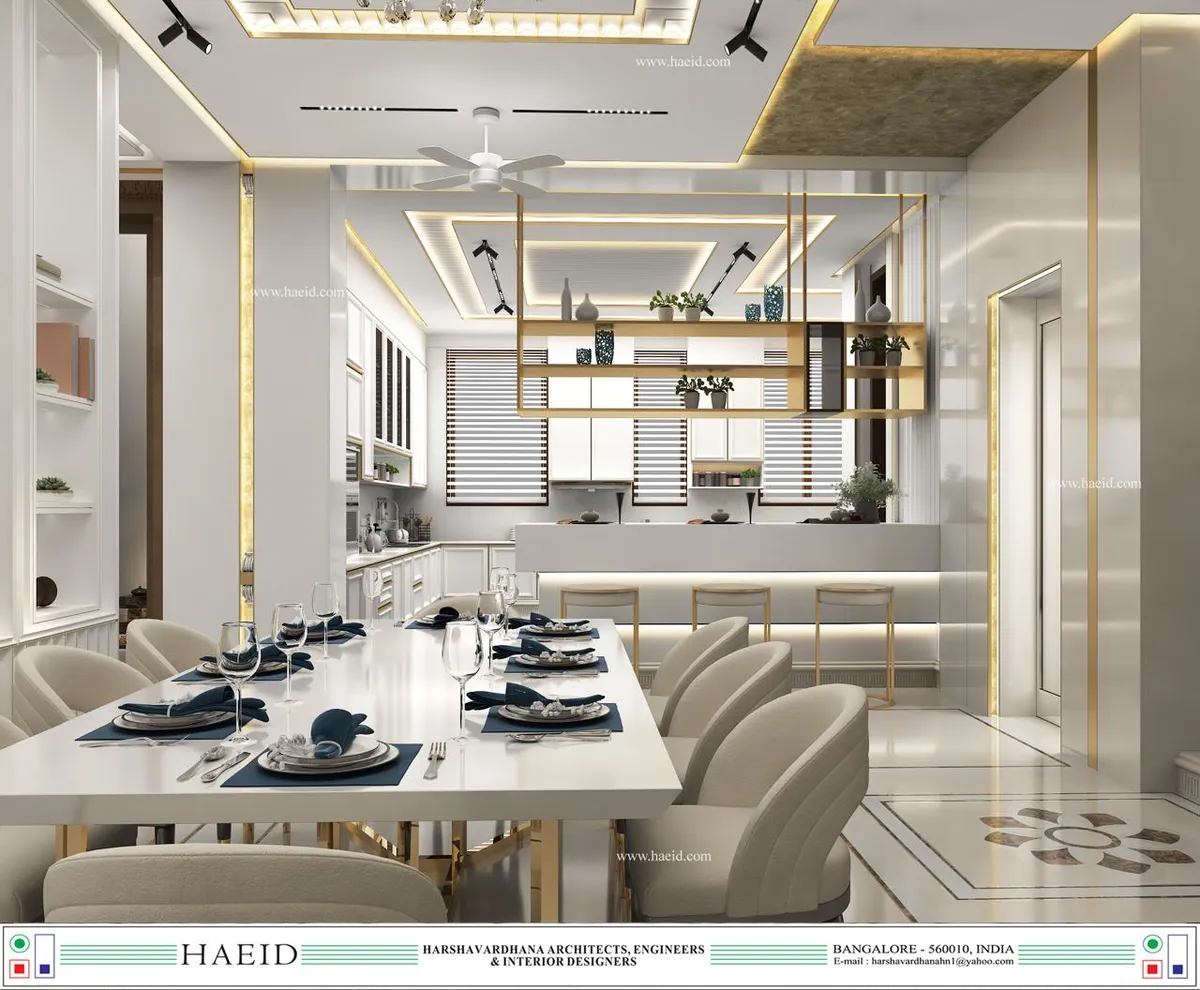 Render of an open dining and kitchen space with a gold-trimmed multi-tier POP ceiling, a floating gold-framed display shelf
