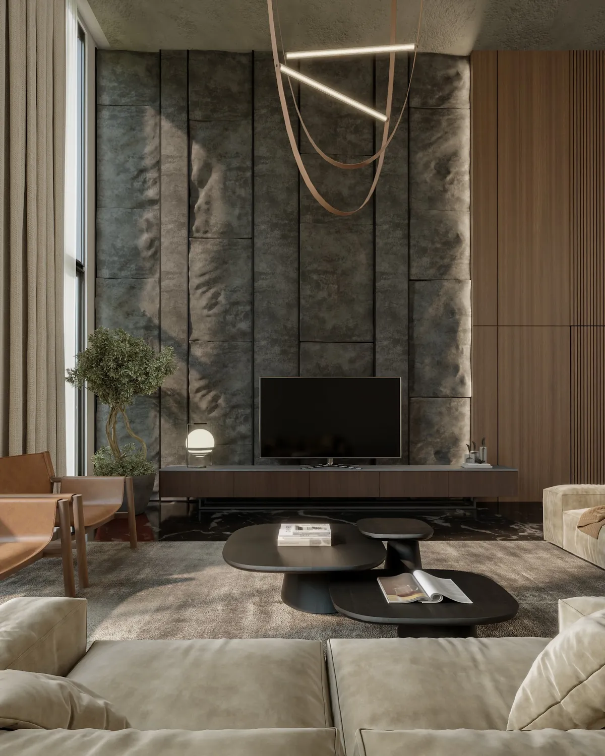 Render of a double-height living room where a weathered stone-panel wall rises behind a low walnut console, with a leather-strap linear pendant