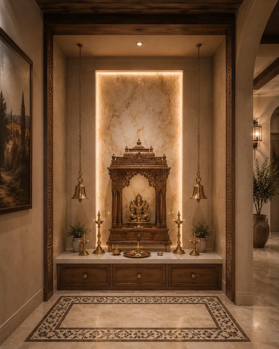 A render of a marble-backed pooja niche with a carved wood temple, hanging brass bells, oil lamps, and a decorative inlaid marble floor medallion.