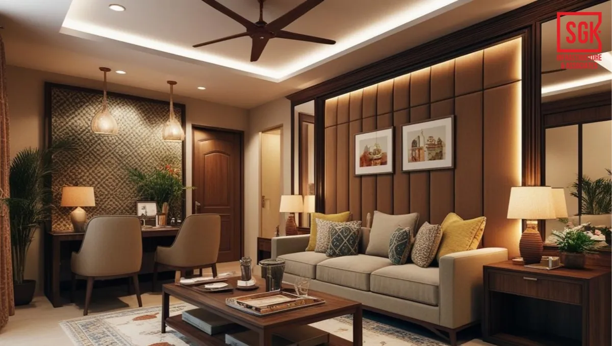 Render of a warm living room where a tan upholstered panelled wall carries two small framed prints behind an oatmeal sofa, with mirror strips at both ends