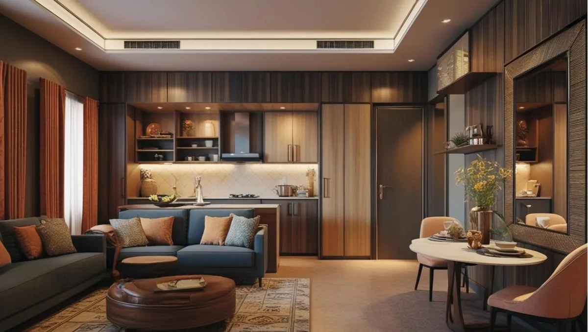 Render of a compact studio where a walnut-panelled kitchen run, a blue sofa on a Persian rug and a two-seat round dining table all share one open floor
