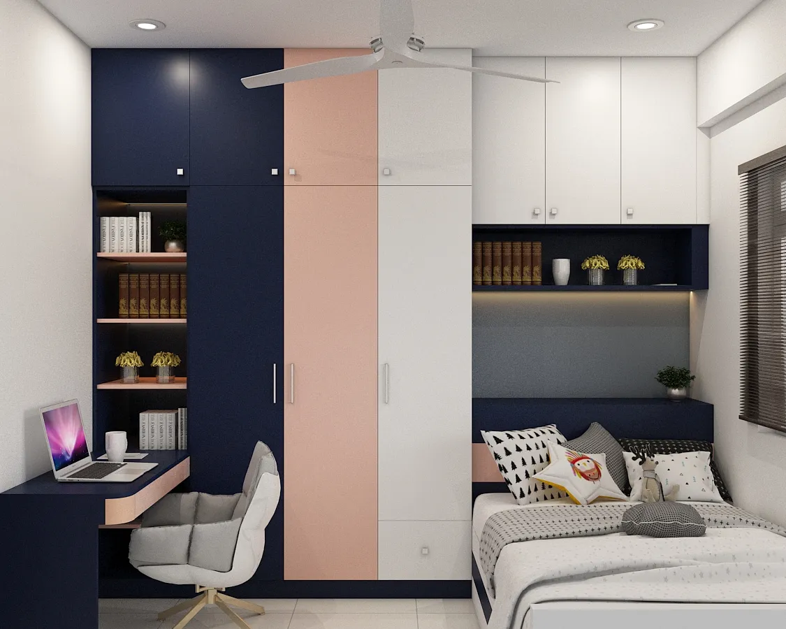 Render of a compact bedroom in navy, blush and white where the wardrobe, a backlit book niche