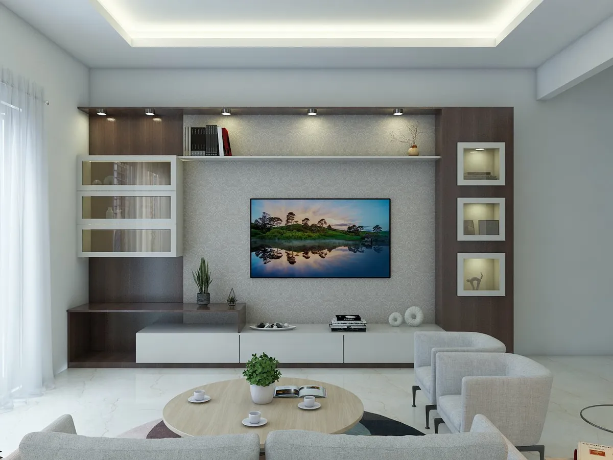 Render of a living room with a wood and white TV unit against a damask-patterned wallpaper backdrop, framed display niches either side