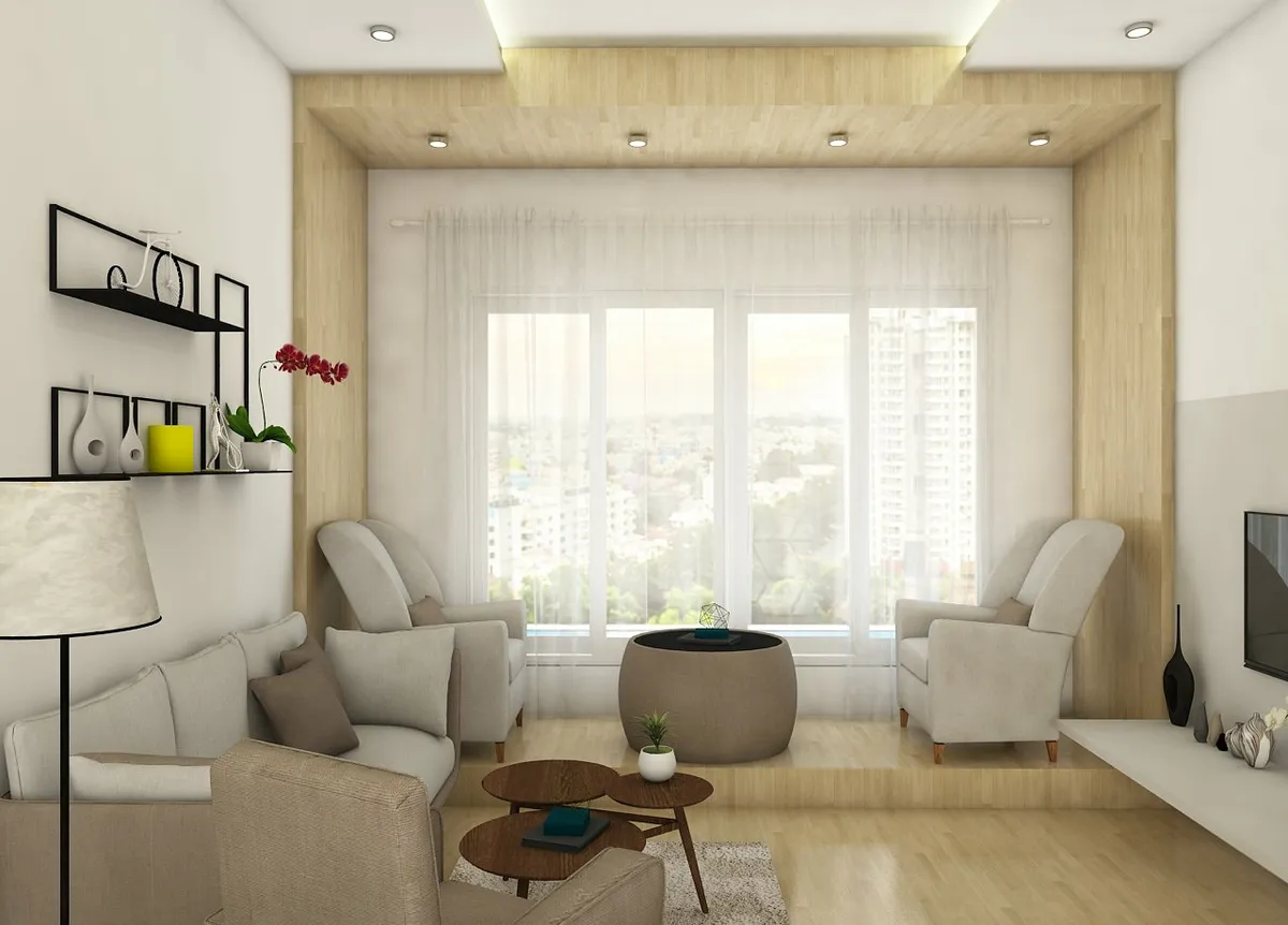 Render of a living room whose window bay is lined and raised in pale oak, with two cream armchairs around a fabric drum table against sheer curtains and a