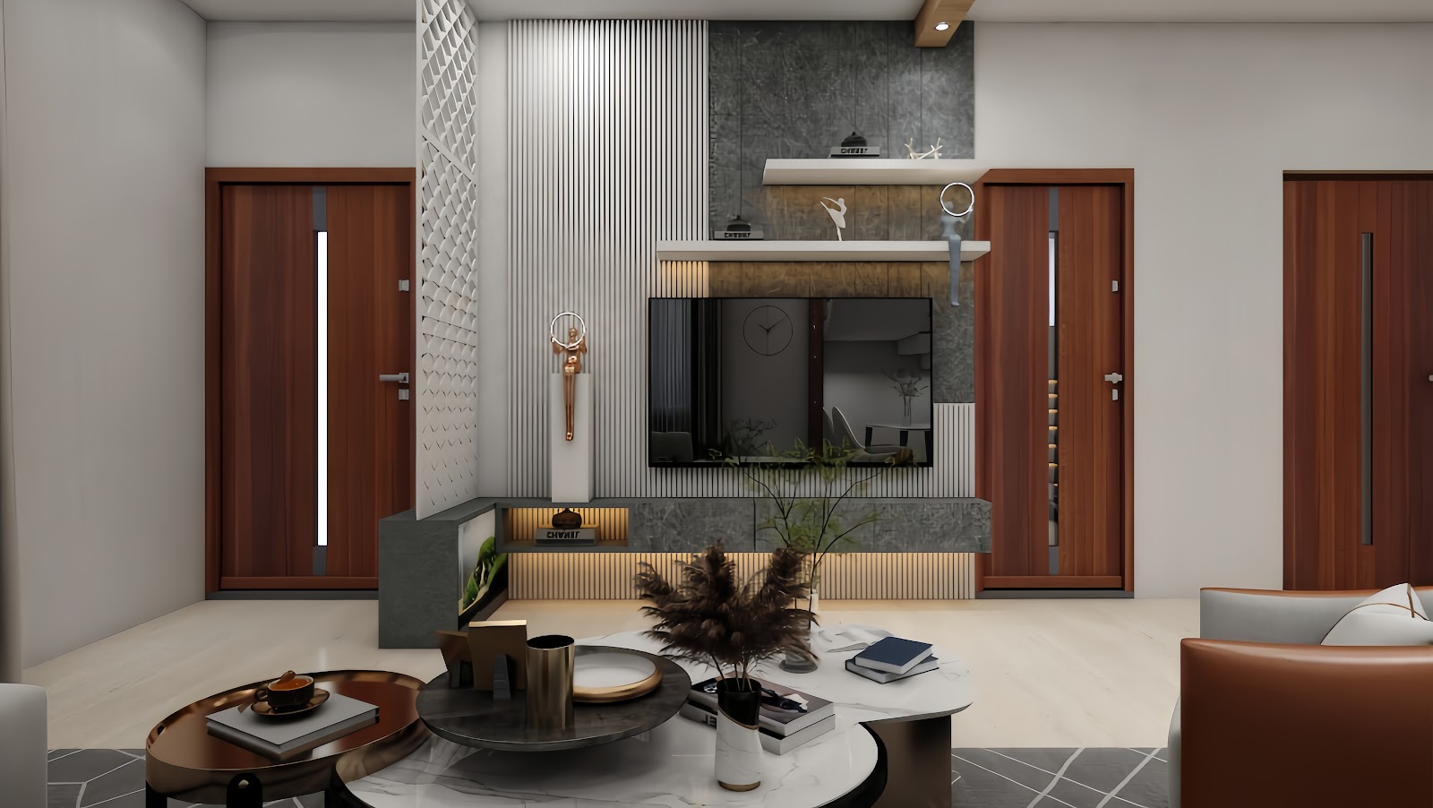 Render of a living room TV wall combining vertical fluted wood panelling with a raw concrete-textured panel and a lit display shelf with sculptural decor