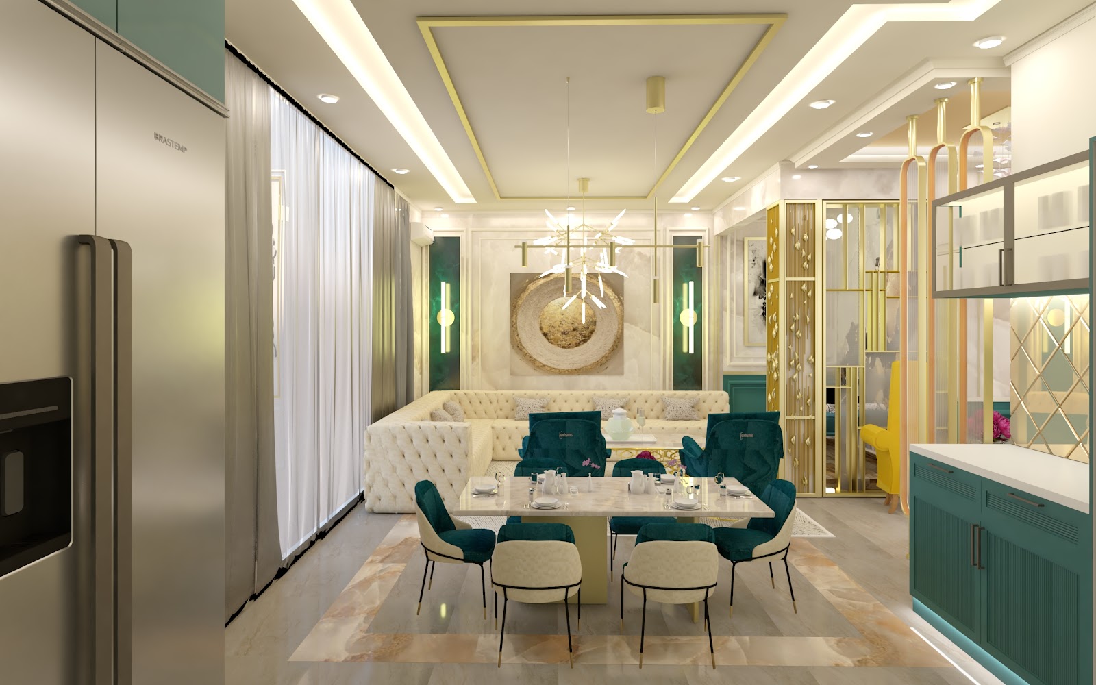 Render of an open-plan living-dining-kitchen space with a tufted cream sofa, a teal-and-gold dining set under a branching chandelier