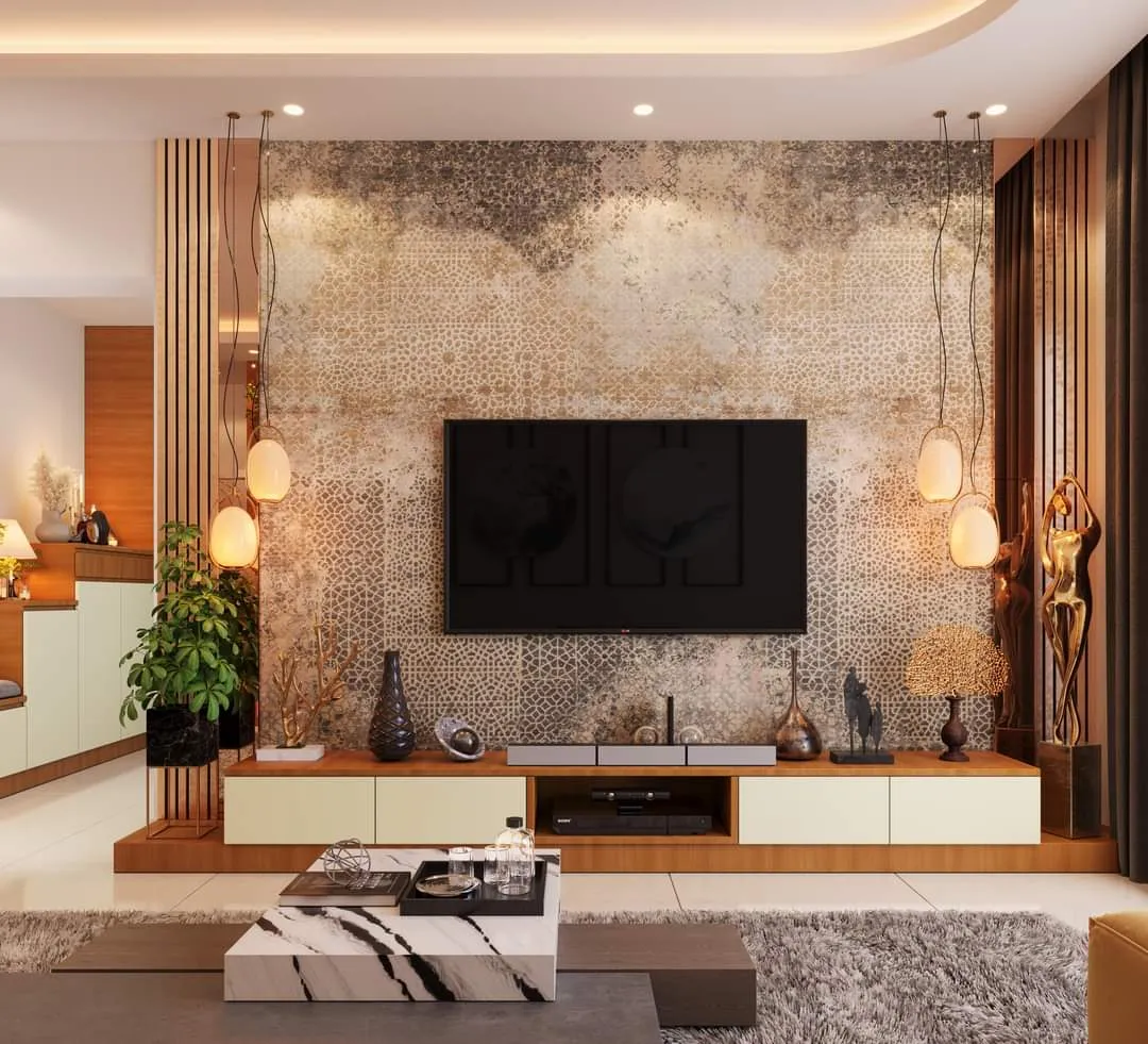 Render of a living room with a large patterned textured TV feature wall, warm brass pendant lights, a wood-and-mint TV console