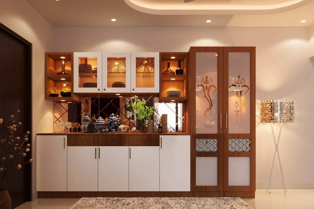Teak-and-white crockery-cum-bar unit with lit corner niches over a diamond-bevel mirror backsplash