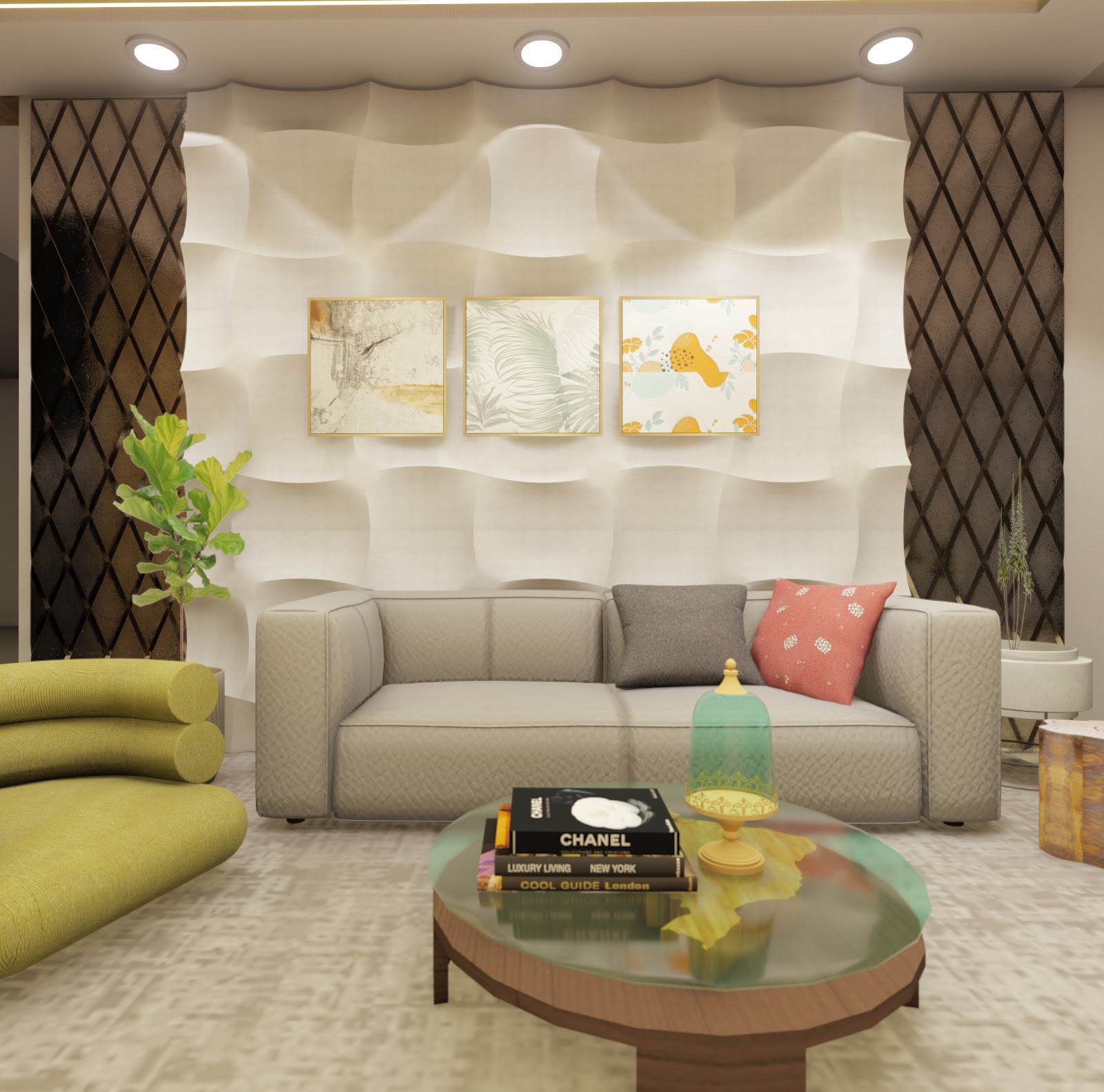Render of a living room with a sculptural 3D wave-textured wall panel, a three-piece art gallery