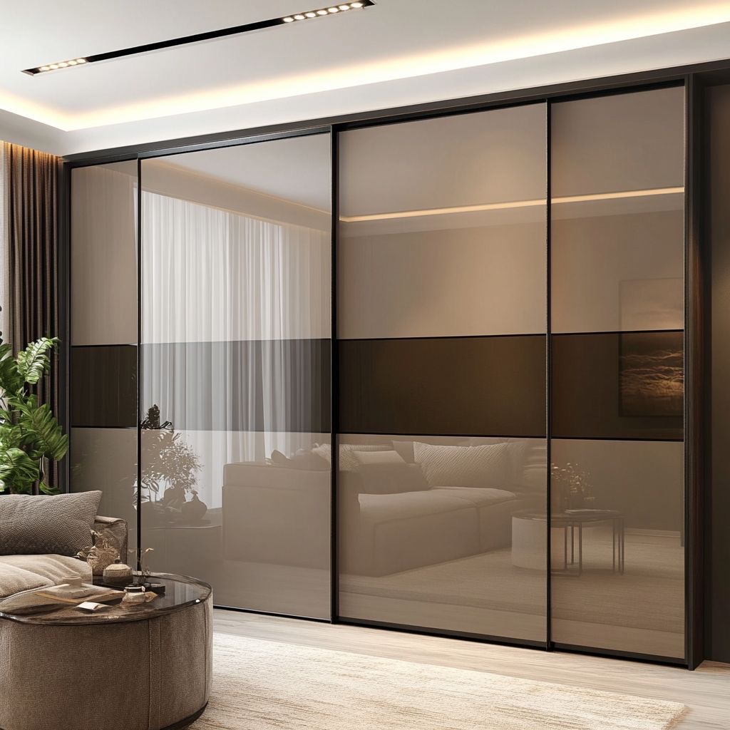 Render of a living room with a smoked bronze-glass sliding wardrobe wall reflecting a taupe sofa, a round coffee table, and sheer curtains.