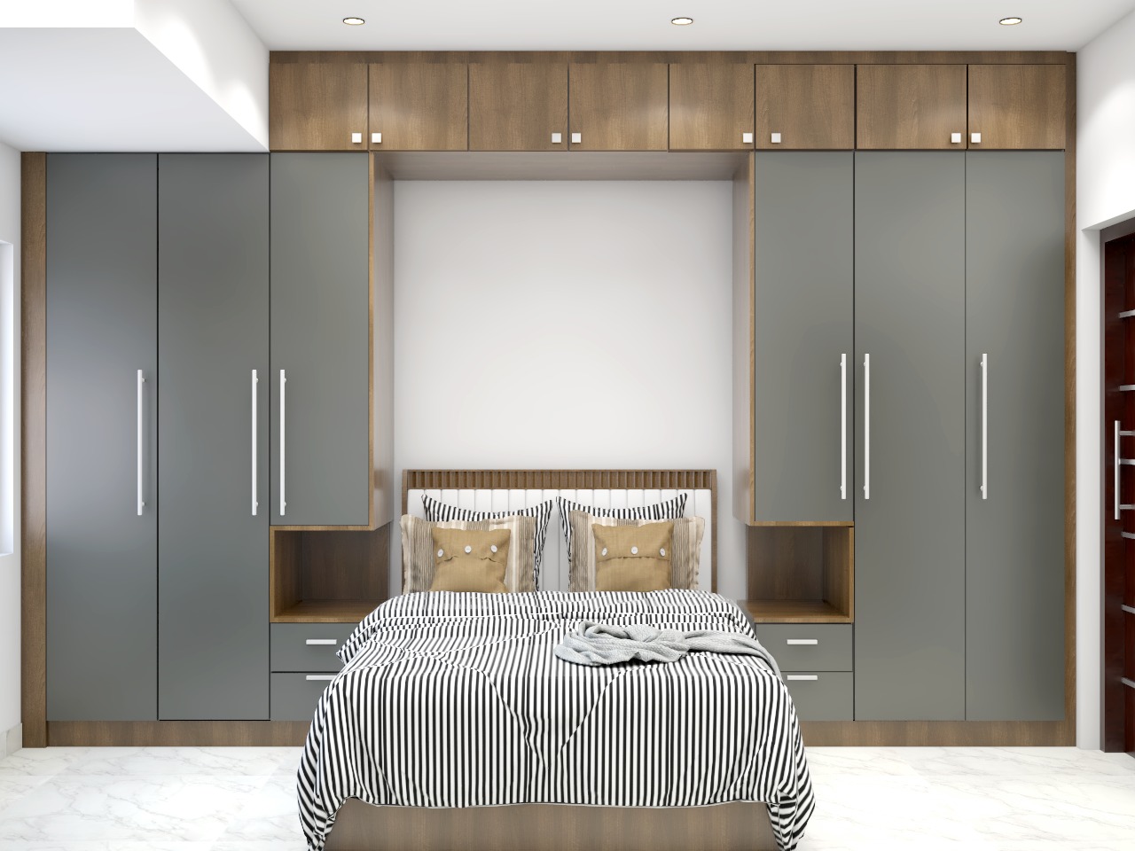 Render of a bedroom with a symmetrical grey and wood wardrobe wall surrounding the bed alcove, built-in nightstand nooks