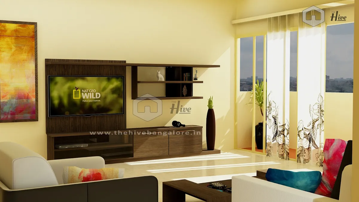 Watermarked render of an apartment living room with a wenge-veneer TV panel and cantilevered box shelves, printed panel blinds across the balcony glazing