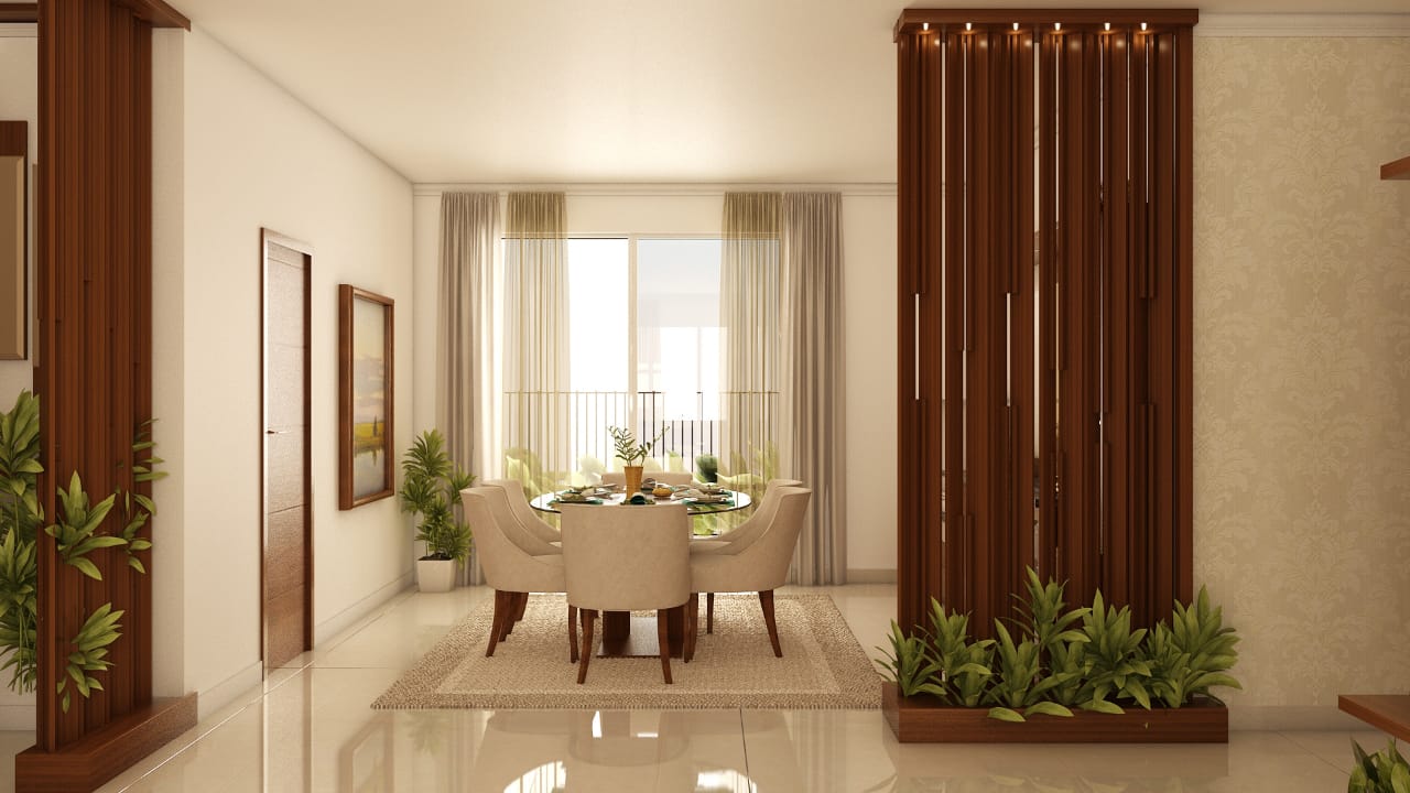 Render of a round dining table set for six behind a vertical wood-slat planter screen, with sheer curtains framing a balcony view.