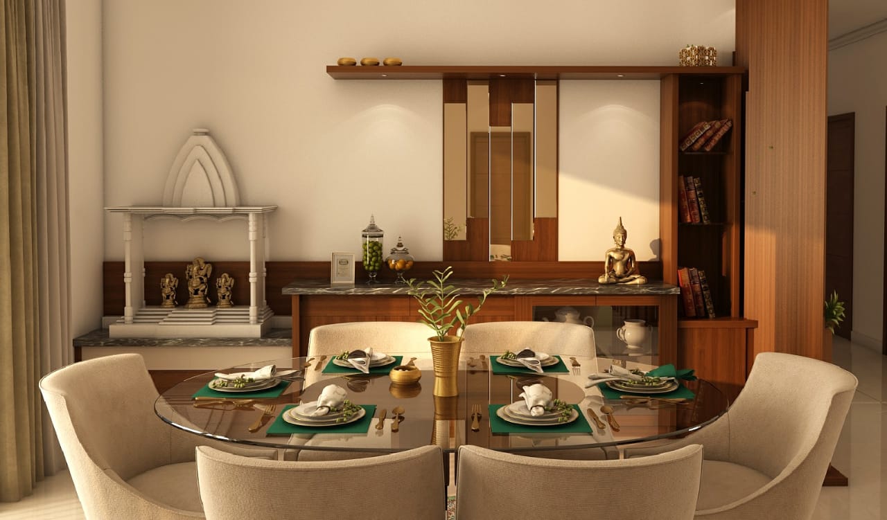 Render of a dining area with a round glass-top table set for six, a wood crockery unit with mirrored sliding shutters