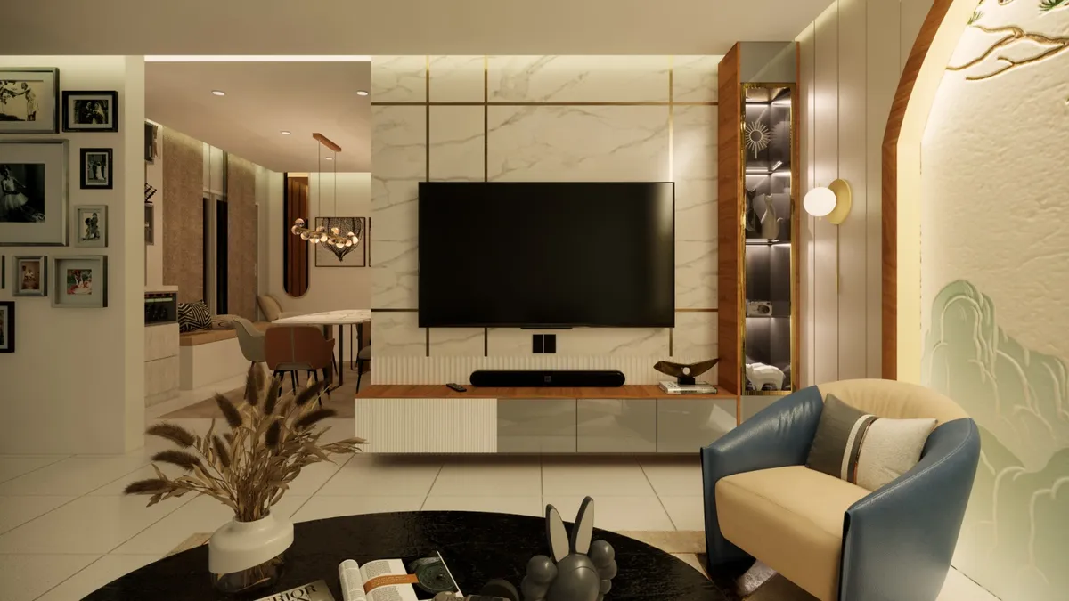 Render of a living room where the TV hangs on a white marble wall gridded with slim brass inlays, beside a backlit curio column