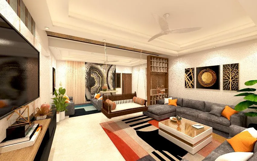 Render of a long living room where a wooden jhula swing hangs in front of an agate-print feature wall, with a grey L-sofa, orange cushions