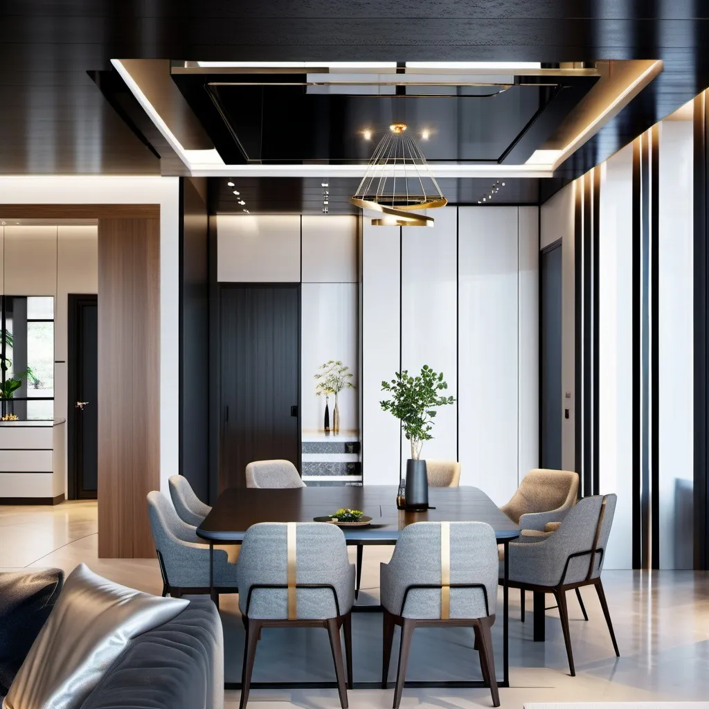 Render of a dining area under a black gloss ceiling drop edged in brass, with a wire-and-brass ring chandelier over a dark table ringed by grey chairs