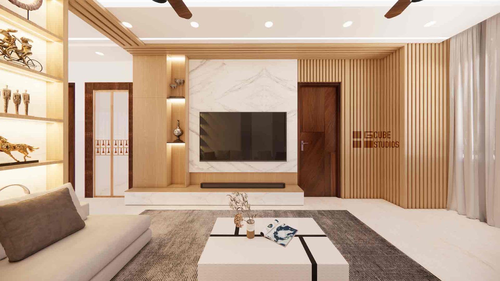 Render of a living room with a fluted wood-panelled wall, a marble-clad TV backsplash, a beige sofa and marble-top coffee table