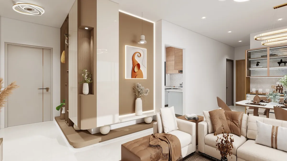 Render of an open-plan home showing a backlit foyer console wall with framed art, a living room with a beige sectional and armchair