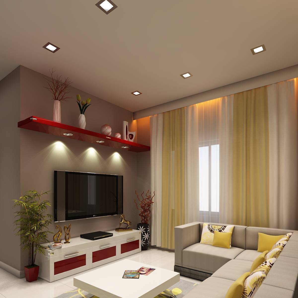 Render of a living room with a red and white glossy TV console, a matching red floating shelf with vases
