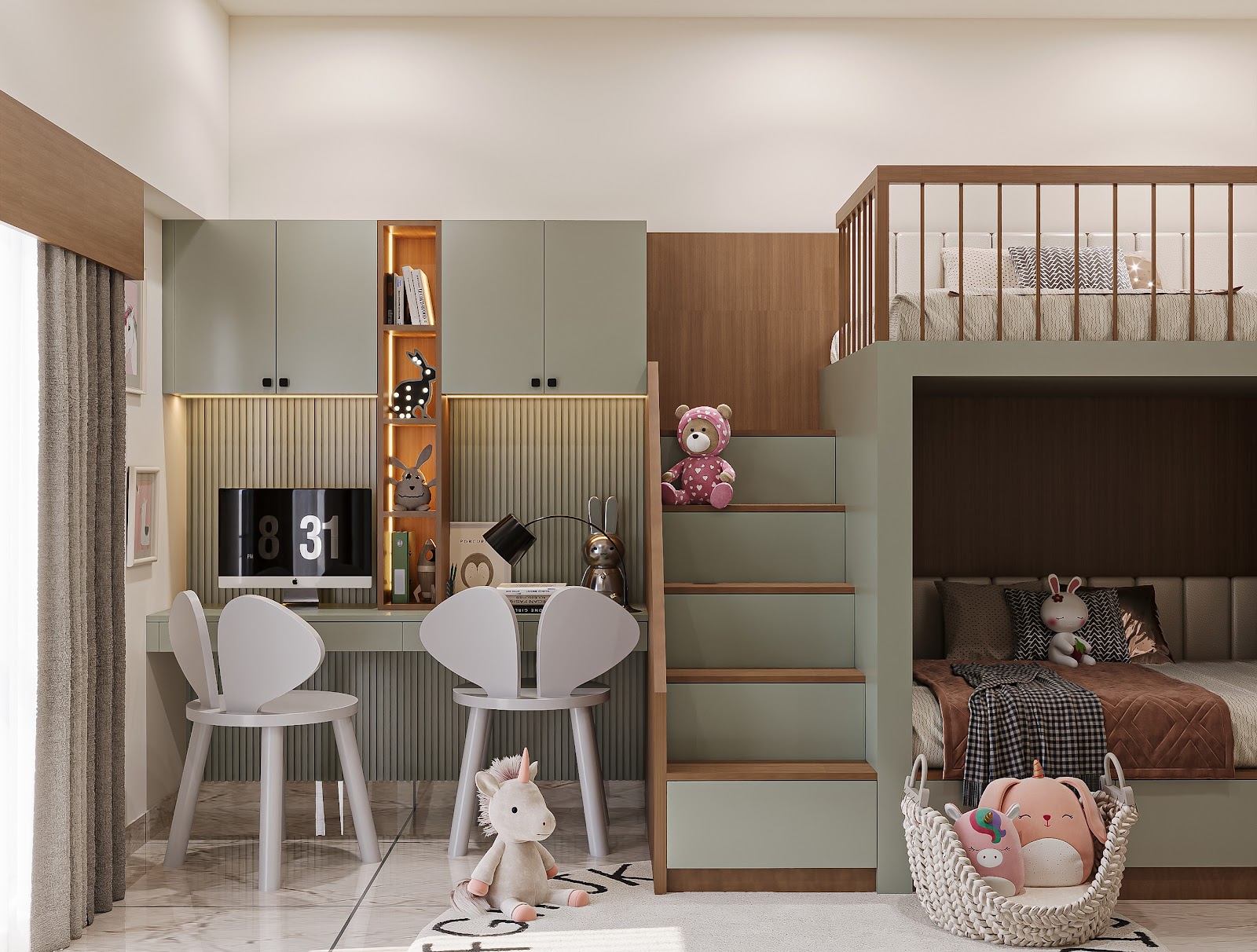 Rendered kids' bedroom with a sage-green loft bunk bed over a built-in stair-drawer unit, and a matching study nook with rabbit-ear chairs, render.