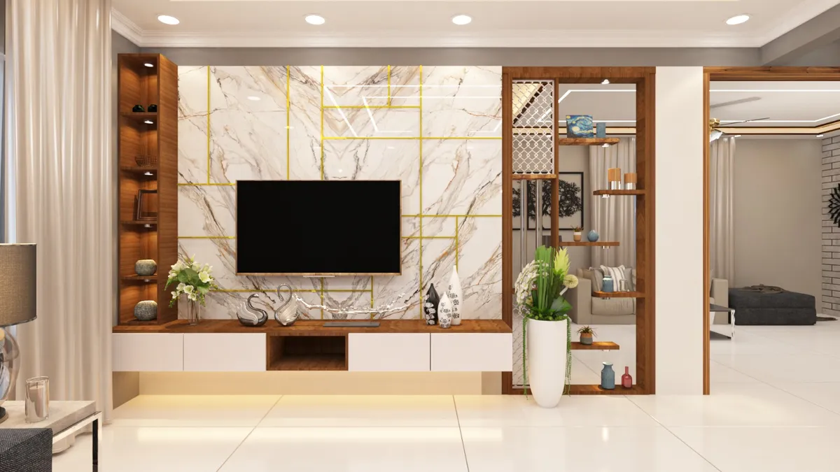 Render of a living-room TV wall in veined white marble scored with a brass inlay grid, with a walnut-and-white floating console over a lit skirting