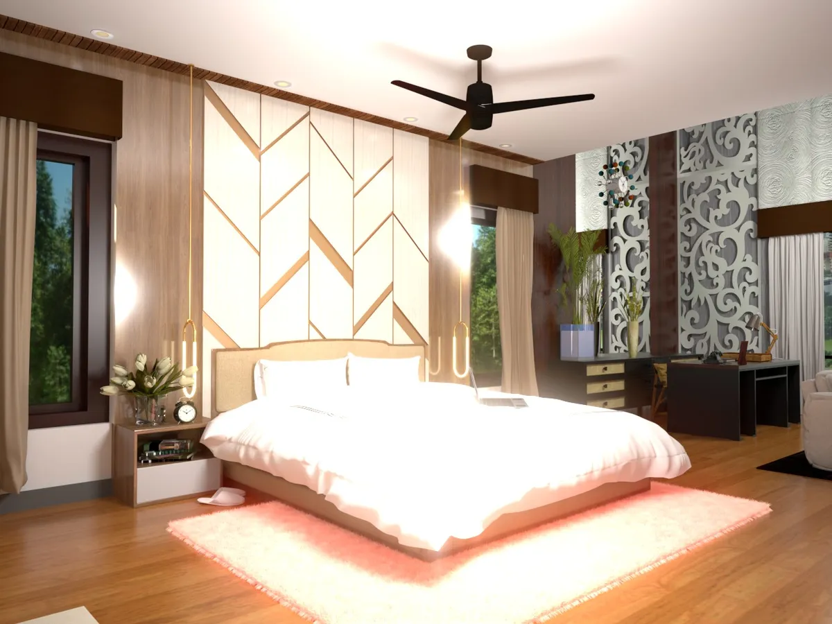 Render of a bedroom with a full-height cream upholstered headboard panel split by gold chevron inlays, gold capsule pendants dropped either side of the bed