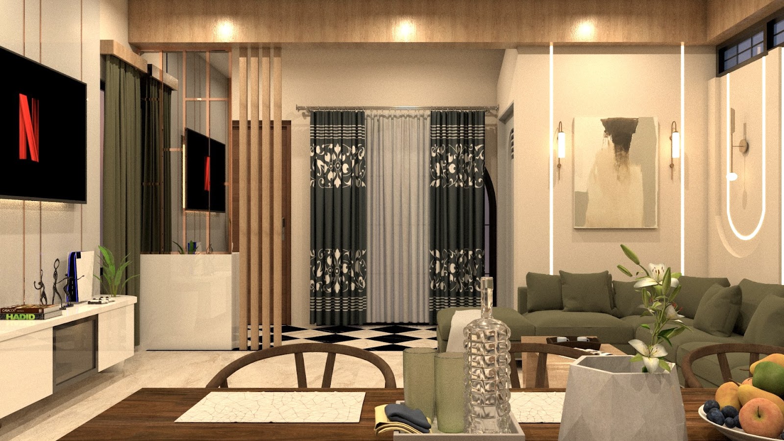 Render of an open-plan dining-living space with a fluted wood partition screen, patterned green curtains