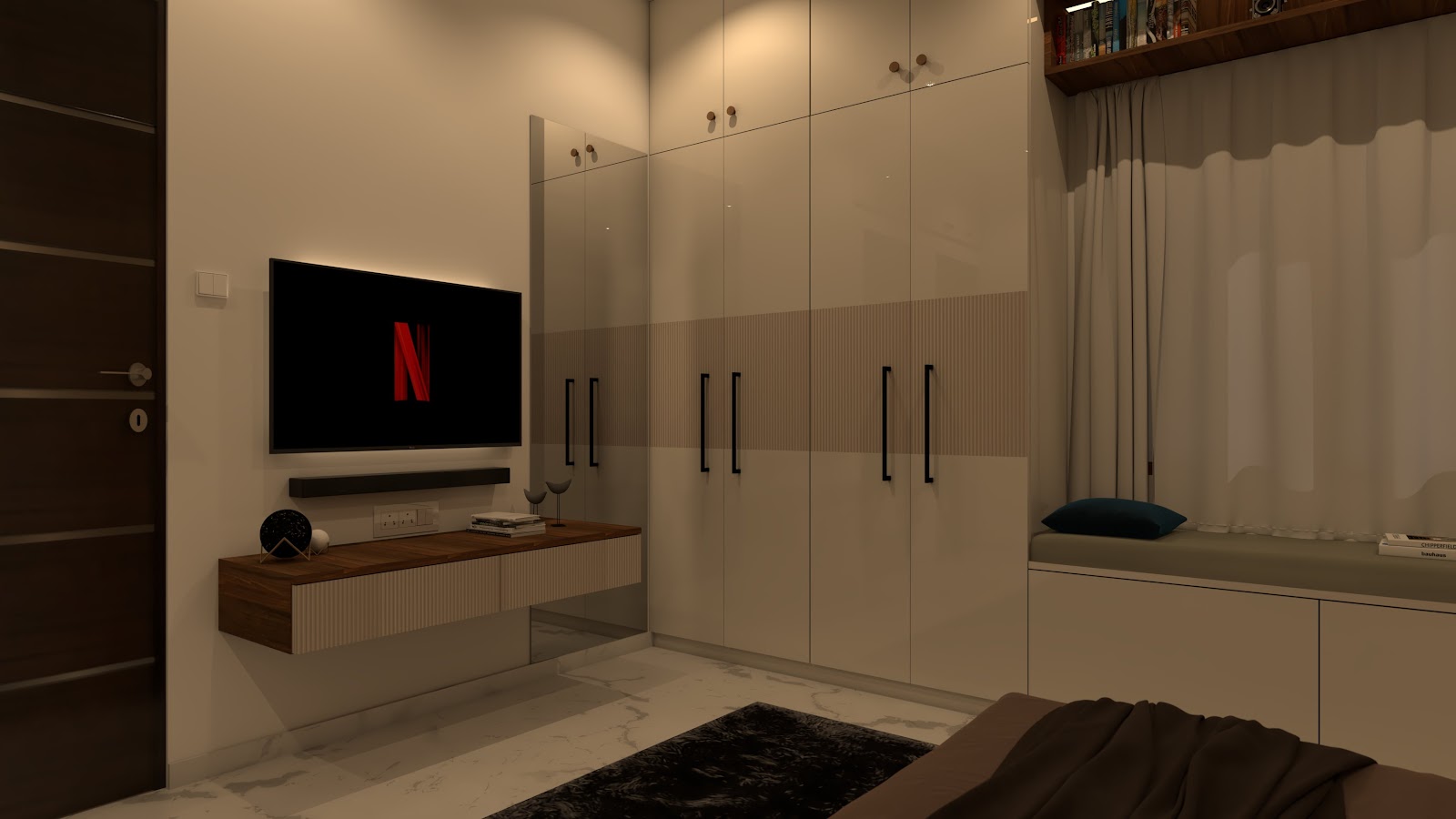 Render of a bedroom with a cream high-gloss wardrobe accented by a fluted texture band, a floating wood-and-white TV console with a wall-mounted TV