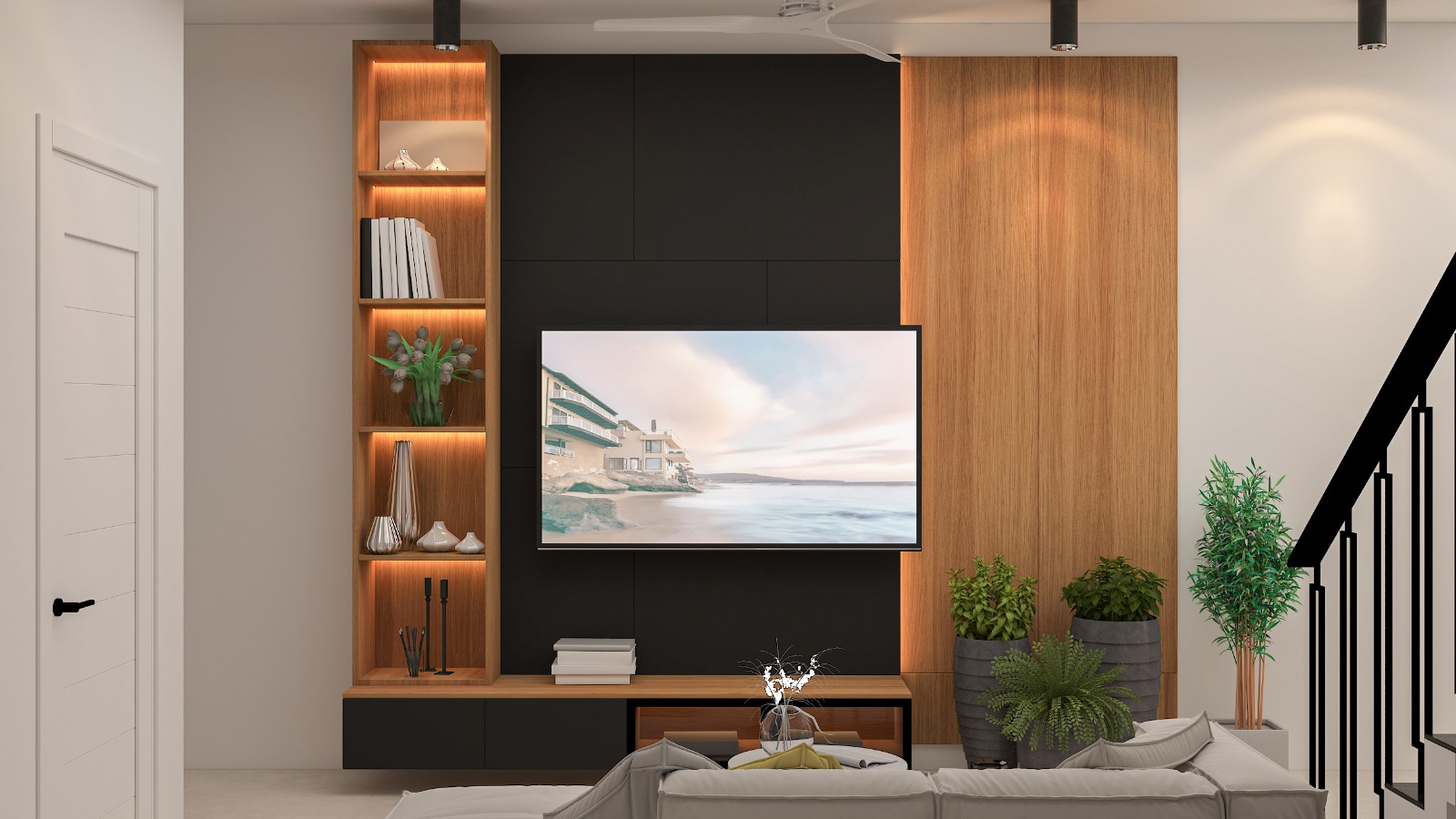 Render of a living room feature wall with a black-and-wood-panelled TV unit, backlit open shelving styled with books and vases