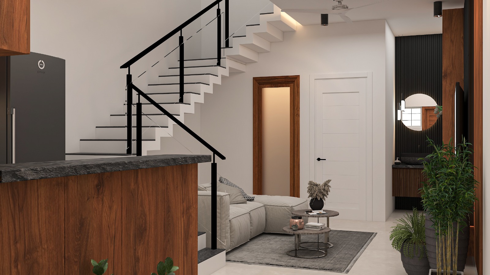 A render of an open-plan ground floor showing a walnut-clad kitchen island, a black-railed floating staircase