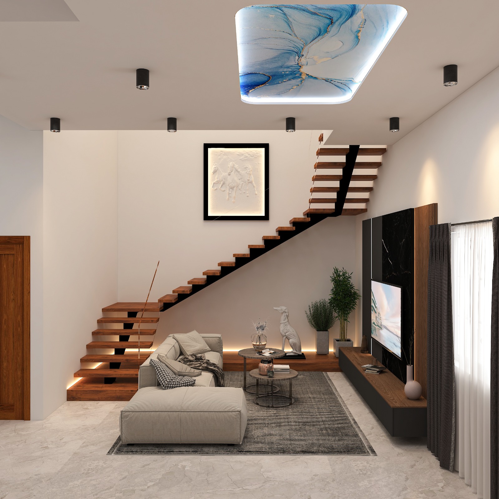Render of an open living room with a floating wood-tread staircase, a black marble TV feature wall, and a backlit abstract art panel set into the ceiling.